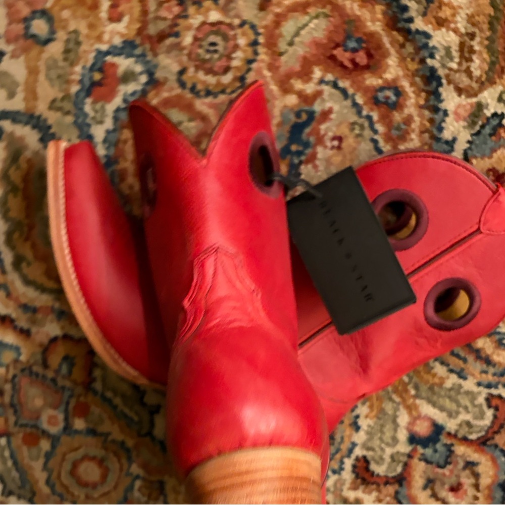 BLACK STAR NWT Red Leather Western Boots w stacked heel, handcrafted in Mexico - Picture 3 of 8